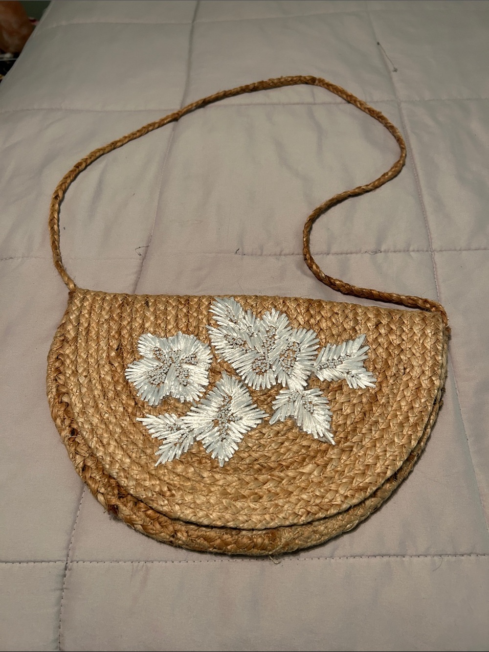 Handwoven Tan Straw Crossbody with White Floral Embroidery